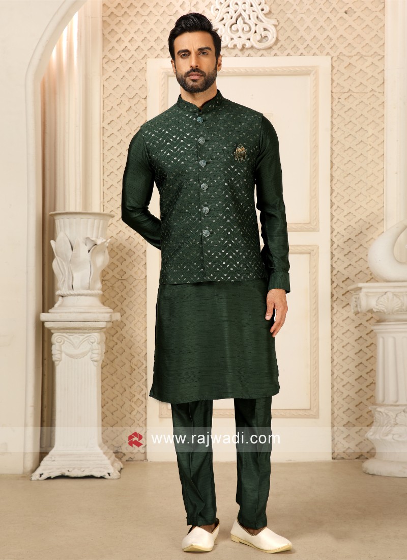 Dark Green Thread Embroidered Nehru Jacket Set