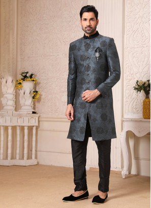 Dark Grey And Black Stylish Jacquard Silk Indowestern Set