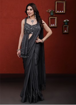 Dark Grey Chiffon Silk Saree with Designer Blouse