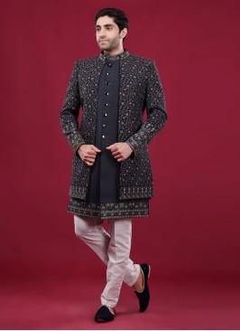 Dark Grey Embroidered Indowestern For Men