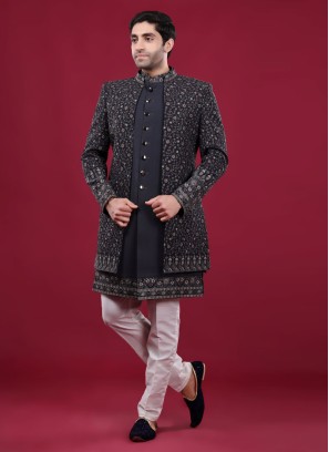 Dark Grey Embroidered Indowestern For Men