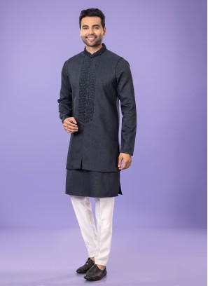 Dark Grey Nehru Jacket Set For Wedding