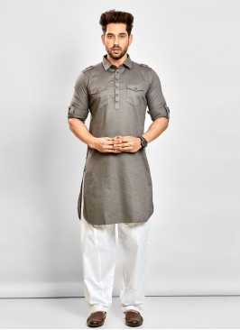 Dark Grey Pathani Set In Cotton Fabric