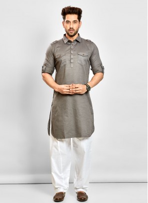 Dark Grey Pathani Set In Cotton Fabric