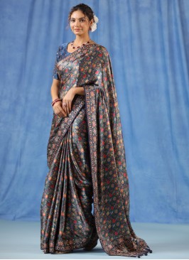 Dark Grey Satin Silk Saree With Floral Print