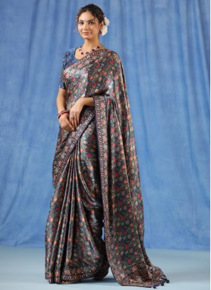 Dark Grey Satin Silk Saree With Floral Print