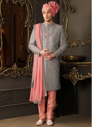 Dark Grey Sherwani Set In Silk With Thread Embroidered