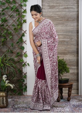 Dark Magenta Floral Work Designer Chiffon Saree