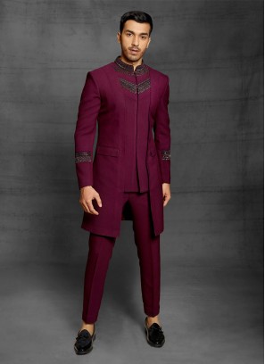 Dark Magenta Jacket Style Designer Indowestern