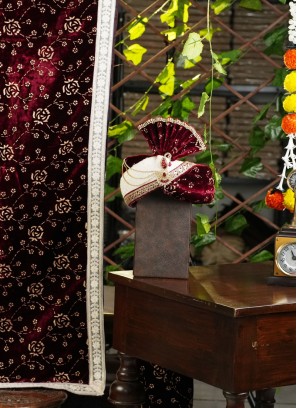 Dark Maroon Groom Wear Safa And Dupatta