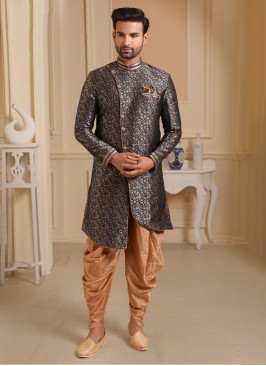 Dark Navy Blue And Golden Dhoti Style Indowestern Set