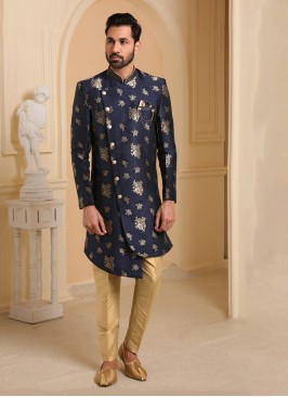 Dark Navy Blue Color Weaving Print Indowestern Set