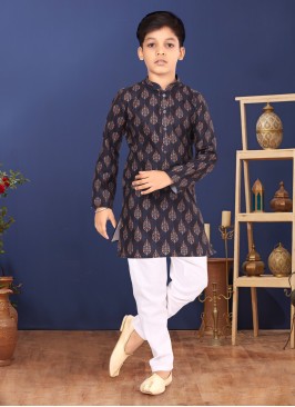 Dark Navy Blue Cotton Printed Readymade Kurta Pajama