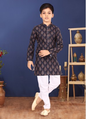 Dark Navy Blue Cotton Printed Readymade Kurta Pajama