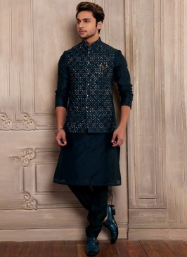 Dark Navy Blue Embroidered Nehru Jacket Set