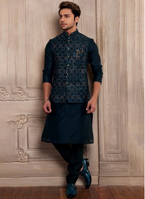 Dark Navy Blue Embroidered Nehru Jacket Set