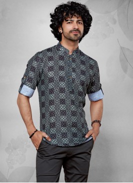 Dark Navy Blue Fancy Printed Short Kurta