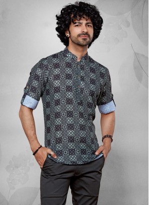 Dark Navy Blue Fancy Printed Short Kurta