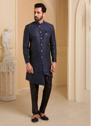 Dark Navy Blue Jacquard Silk Indowestern Set