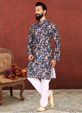 Dark Navy Blue Printed Kurta Pajama