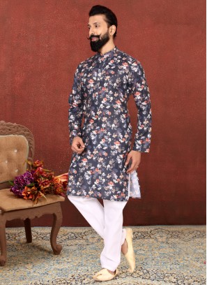 Dark Navy Blue Printed Kurta Pajama