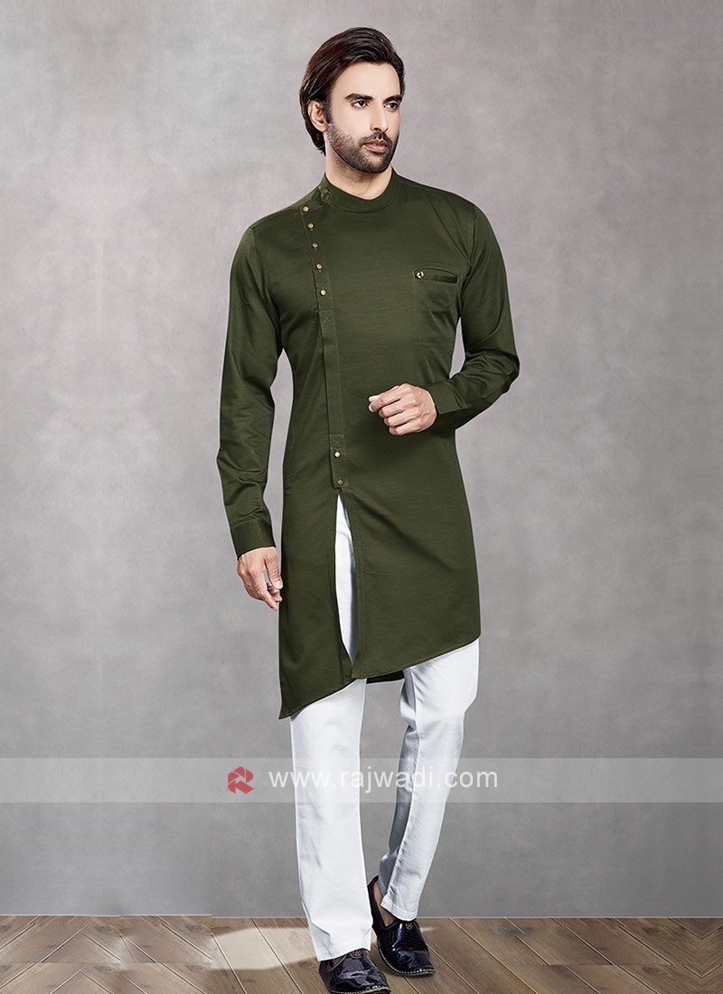 Dark Olive Green & White Kurta Pajama