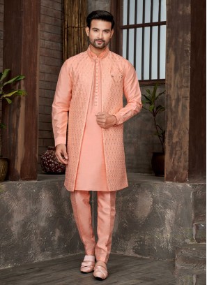 Dark Peach Embroidered Nehru Jacket Set For Men