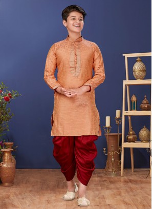 Dark Peach jacquard Silk Dhoti Style Kurta Pajama Set