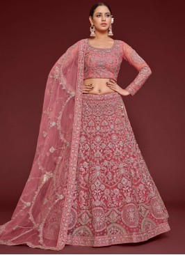 Peach Soft Net Embroidered Lehenga Choli