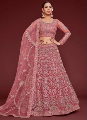 Peach Soft Net Embroidered Lehenga Choli