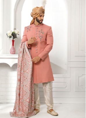 Dark Peach Readymade Hand Embroidered Sherwani Set