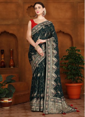 Dark Peacock Blue Woven Banarasi Silk Saree