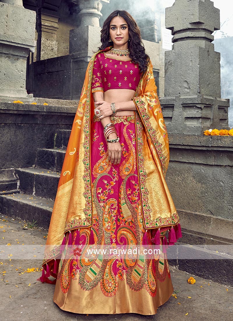 Orange Blouse Hot Pink Lehenga Orange Yellow Dupatta | Pink lehenga, Lehenga,  Indian bridal outfits