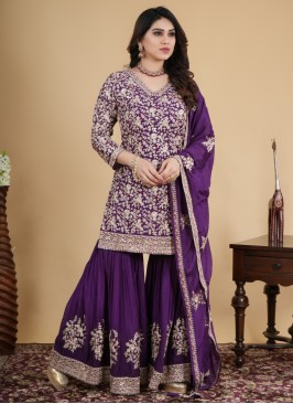 Dark Purple Gharara Set In Crepe Silk With Matching Dupatta