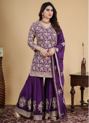 Dark Purple Gharara Set In Crepe Silk With Matching Dupatta