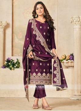 Magenta Vichitra Silk Wedding Wear Dress Material