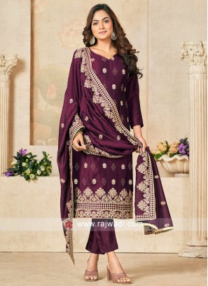 Magenta Vichitra Silk Wedding Wear Dress Material