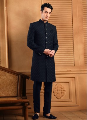 Dark Teal Blue Indowestern Set In Embroidered Designs