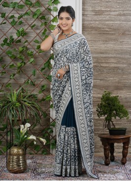 Dark Navy Blue Designer Saree With Floral Work