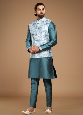 Dark Turquoise Designer Nehru Jacket Set For Wedding