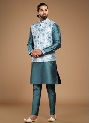 Dark Turquoise Designer Nehru Jacket Set For Wedding