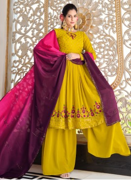 Dark Yellow Embroidered Georgette Kurti With Palazzo