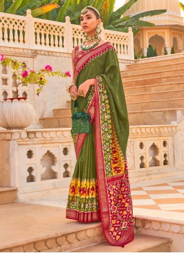 Gorgeous Mehndi Green Patola Silk Saree