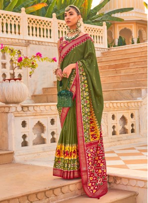 Gorgeous Mehndi Green Patola Silk Saree