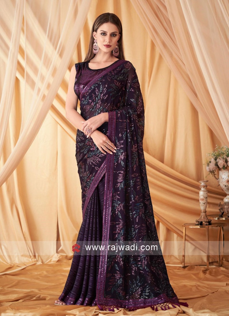 Chiffon Designer Sequins Embroidered Saree In Dark Purple