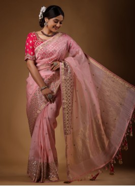 Dazzling Light Pink Saree In Organza Fabric