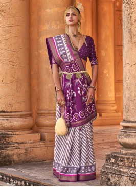 Dazzling Purple and White Patola Printed Silk Saree