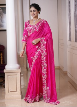 Deep Pink Embroidered Wedding Wear Saree