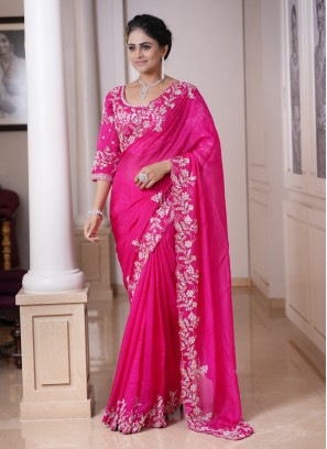 Deep Pink Embroidered Wedding Wear Saree