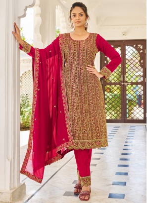 Deep Pink Zari Embroidered Dress Material